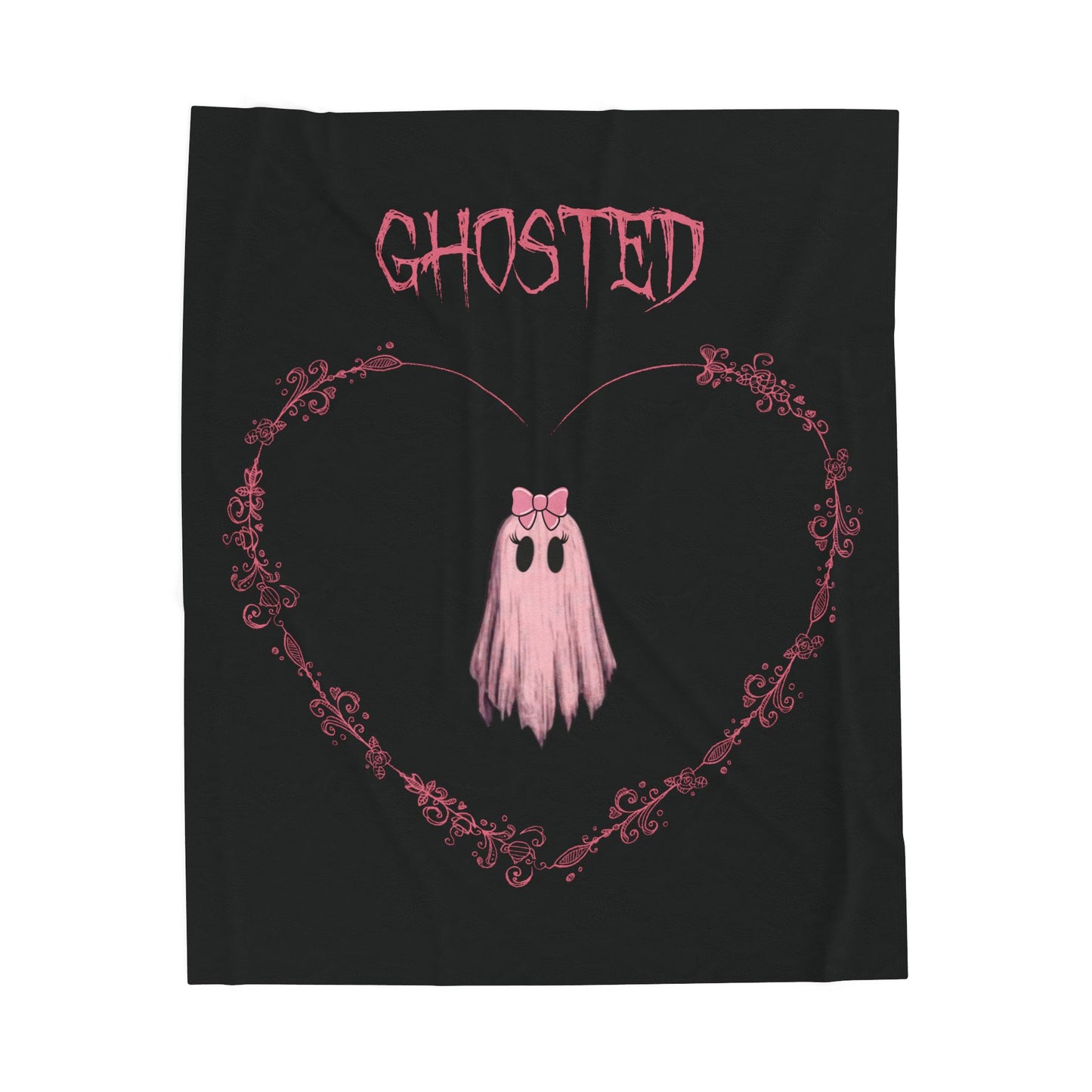 Ghosted Velveteen Plush Blanket — Cute Pink Ghost Heart Design