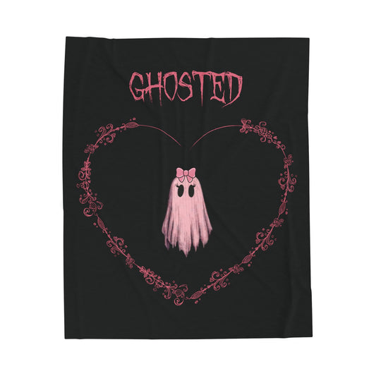 Ghosted Velveteen Plush Blanket — Cute Pink Ghost Heart Design