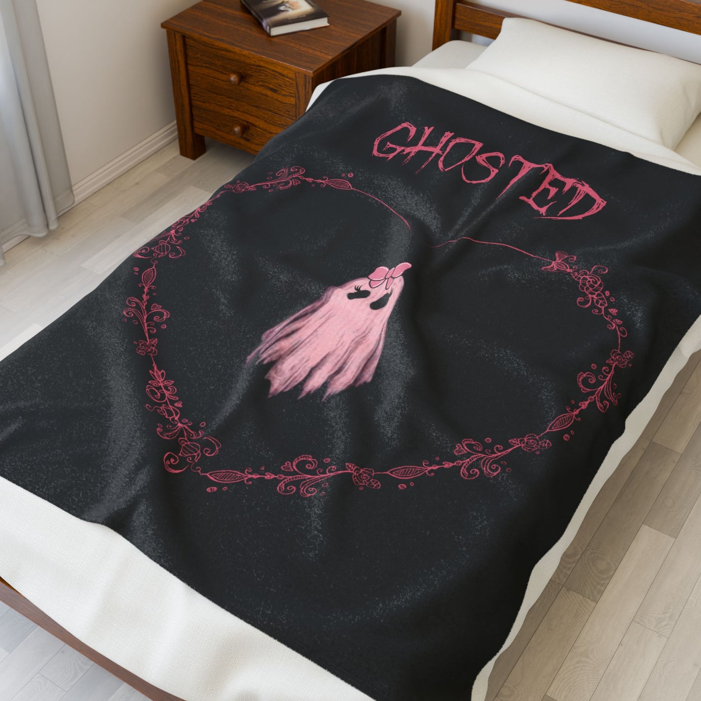 Ghosted Velveteen Plush Blanket — Cute Pink Ghost Heart Design