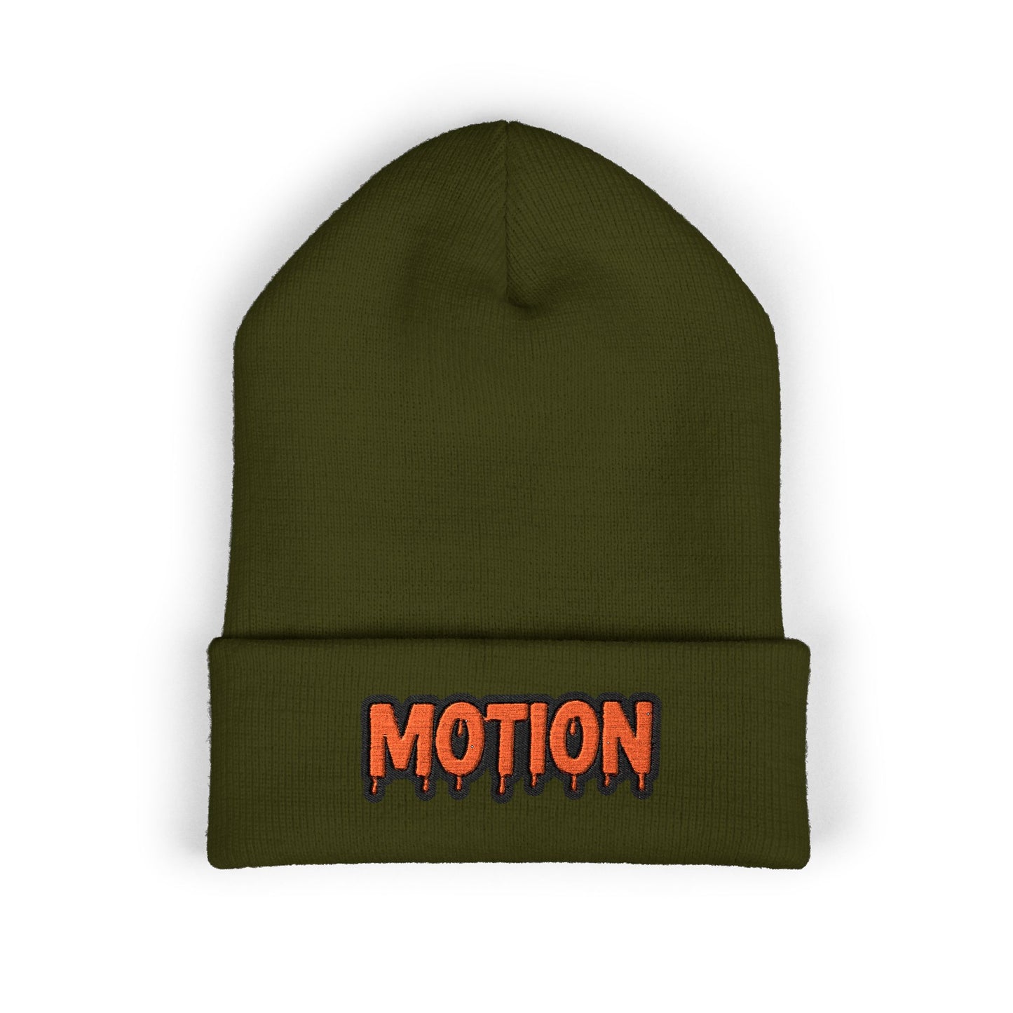 Motion Embroidered Cuffed Beanie — Retro Drip Logo Knit Hat