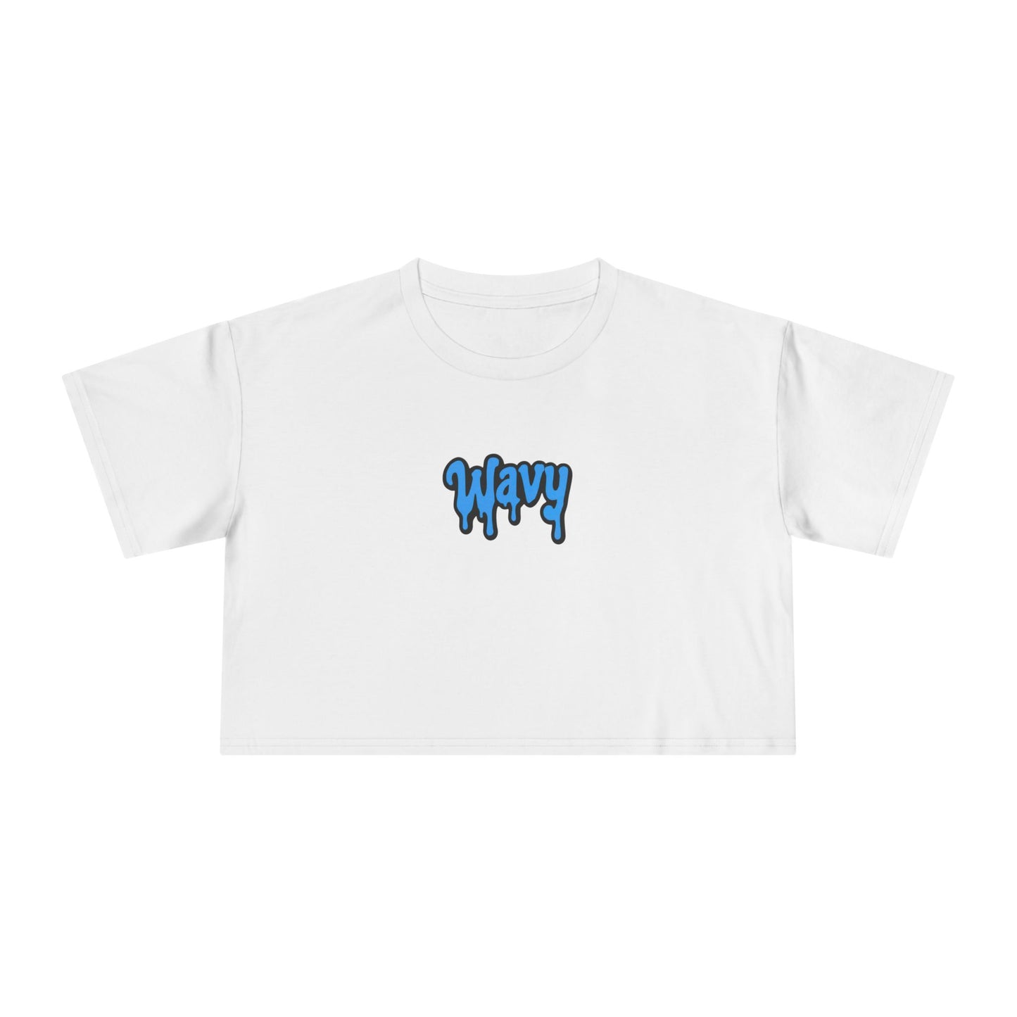 Wavy Graphic Crop Tee — Blue Drip Logo Women's Casual Top