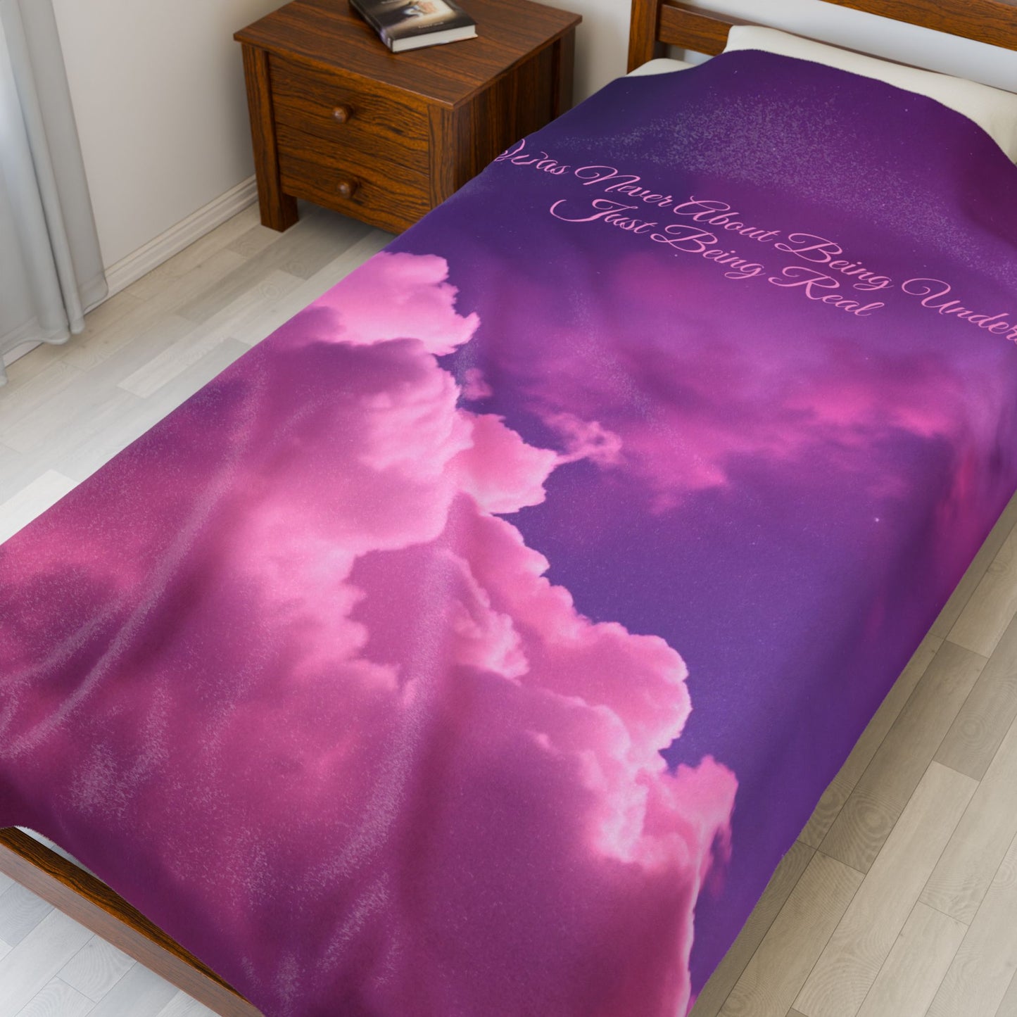 “It Was Never About Being Understood, Just Being Real” Purple Sky & Pink Cloud Plush Blanket – Soft Inspirational Throw