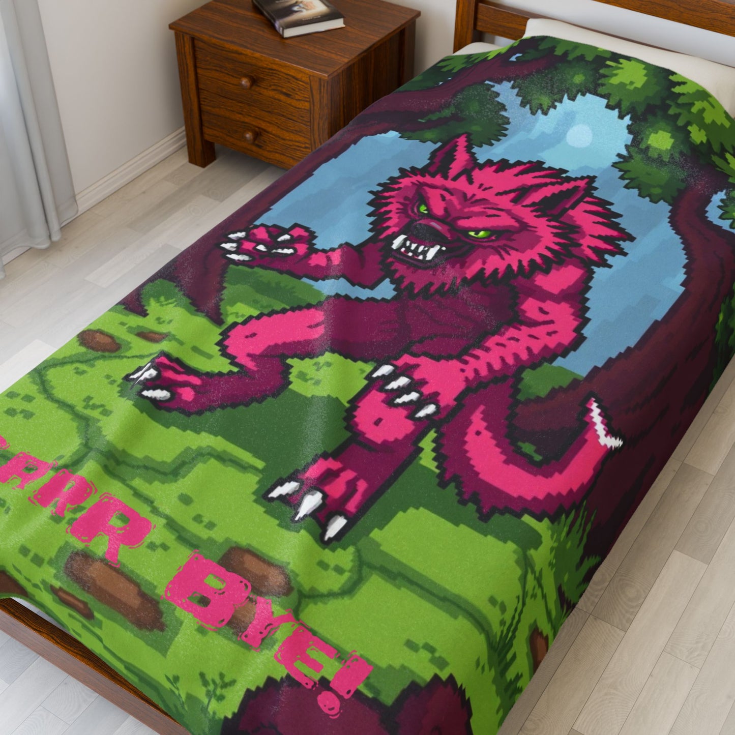 “Grrr-Bye!” Pink Werewolf Velveteen Plush Blanket – Cute Horror Cozy Throw for Spooky Season, Self-Care & Fun Home Décor