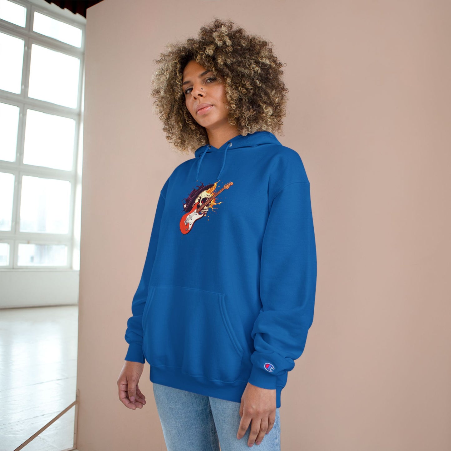 Guitar Lover Champion Hoodie – Music Lover Sweatshirt, Casual Unisex Hoodie, Cozy Streetwear, Unique Guitar Design, Gift for Friends