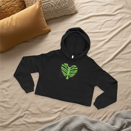 Green Skeleton Heart Cropped Hoodie — Eco-Friendly Women’s Streetwear Sweatshirt for Spring