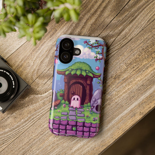 Front view of Cute Pink Ghost Impact-Resistant Phone Case — aesthetic protective cover for iPhone and Samsung, spooky Halloween accessory by The Inner Horizon Collective