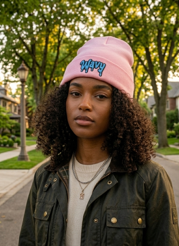 Wavy Embroidered Cuffed Beanie — Streetwear Knit Hat