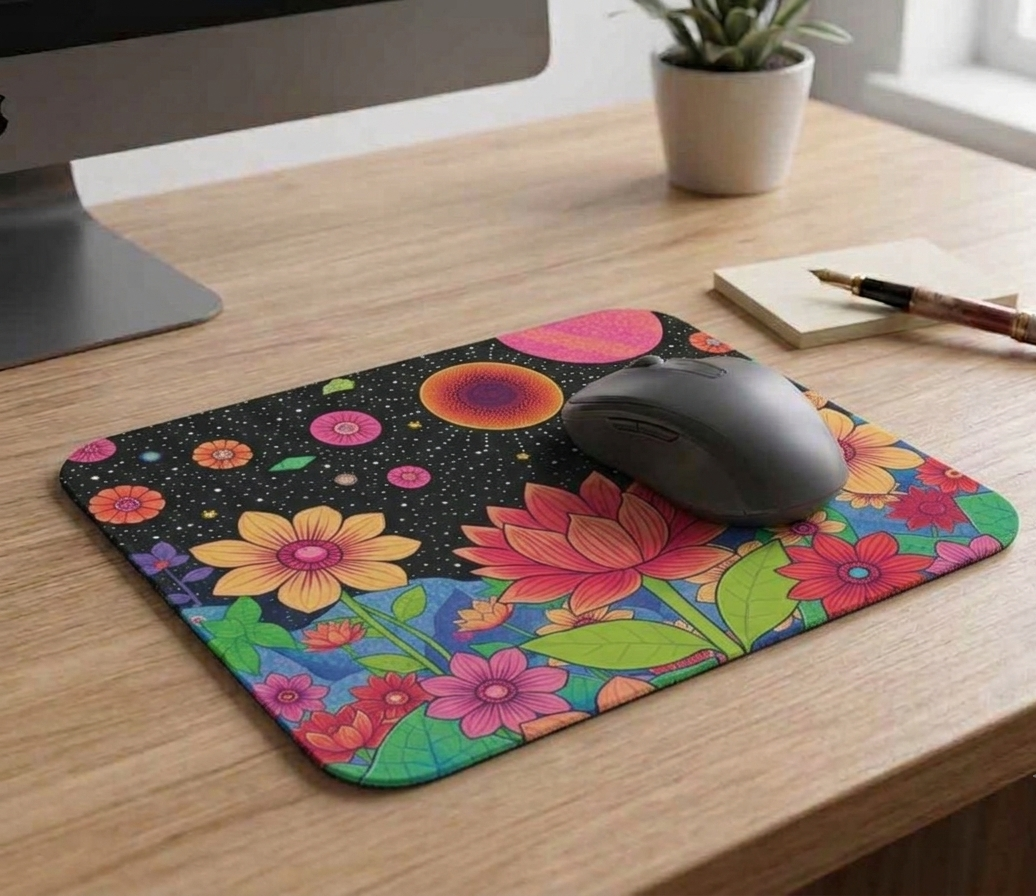 Colorful Floral Galaxy Mouse Pad, Vibrant Office Decor, Gift for Flower Lovers, Unique Desk Accessories, Astronomy Inspired Home