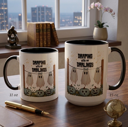 Draping With My Darlings Halloween Coffee Mug 11oz & 15oz Cute Ghost Spooky Fall Drinkware Gift