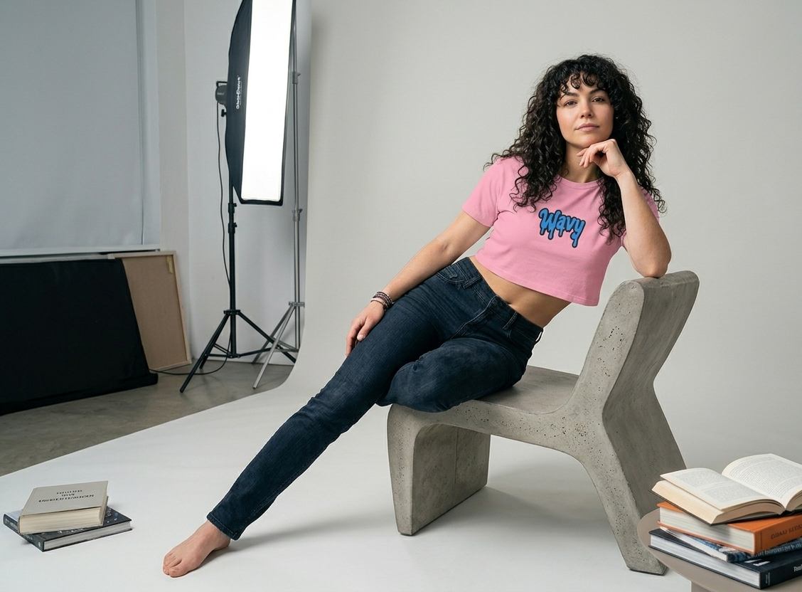 Wavy Graphic Crop Tee — Blue Drip Logo Women's Casual Top