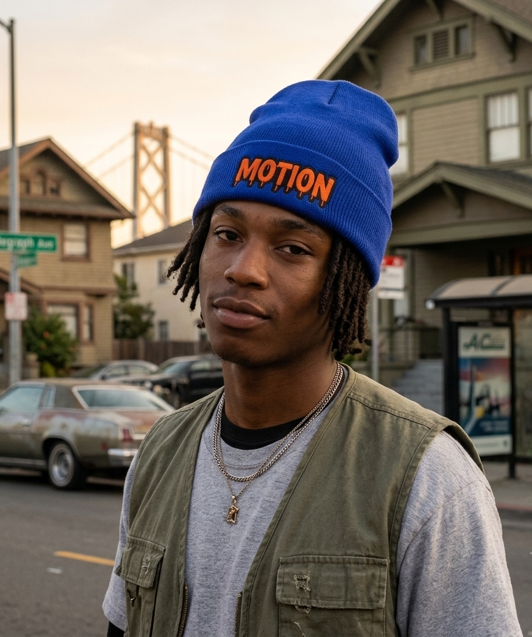 Motion Embroidered Cuffed Beanie — Retro Drip Logo Knit Hat