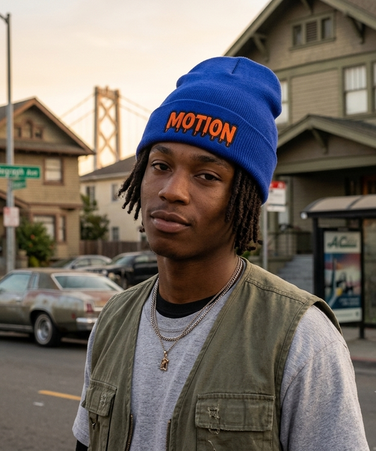 Motion Embroidered Cuffed Beanie — Retro Drip Logo Knit Hat
