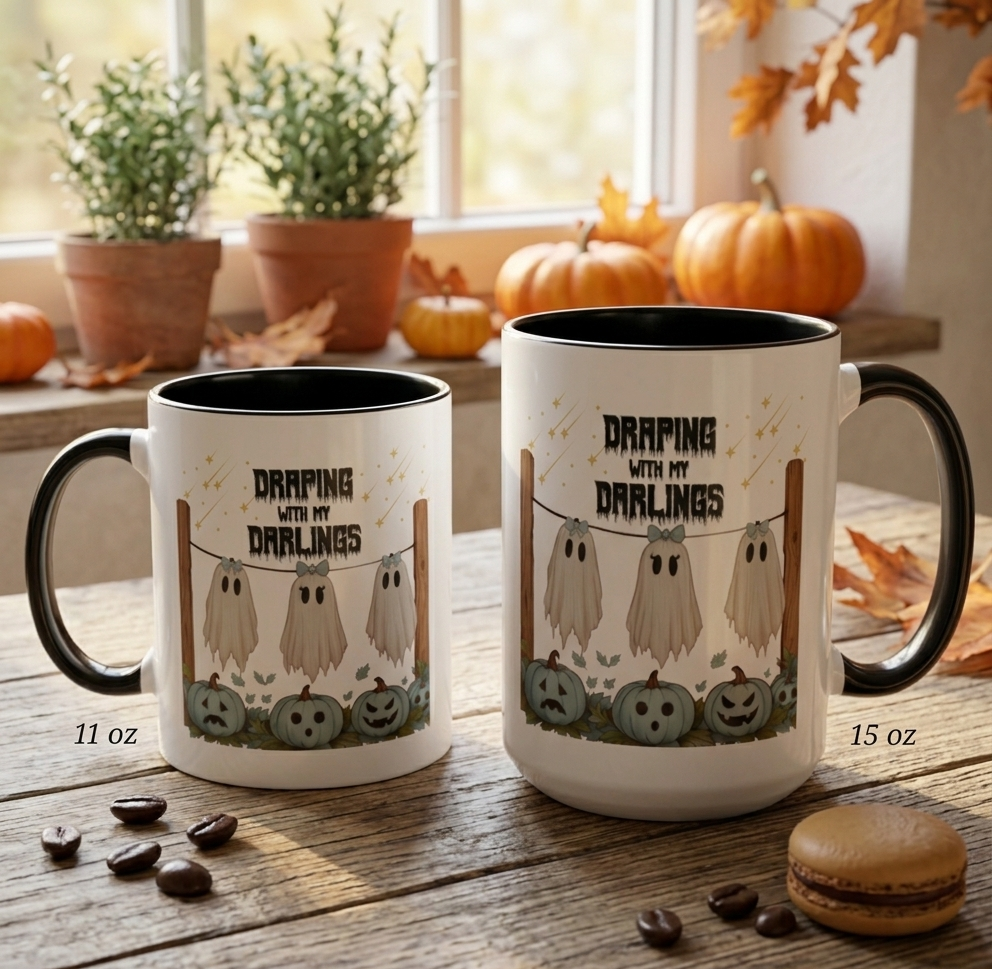 Draping With My Darlings Halloween Coffee Mug 11oz & 15oz Cute Ghost Spooky Fall Drinkware Gift