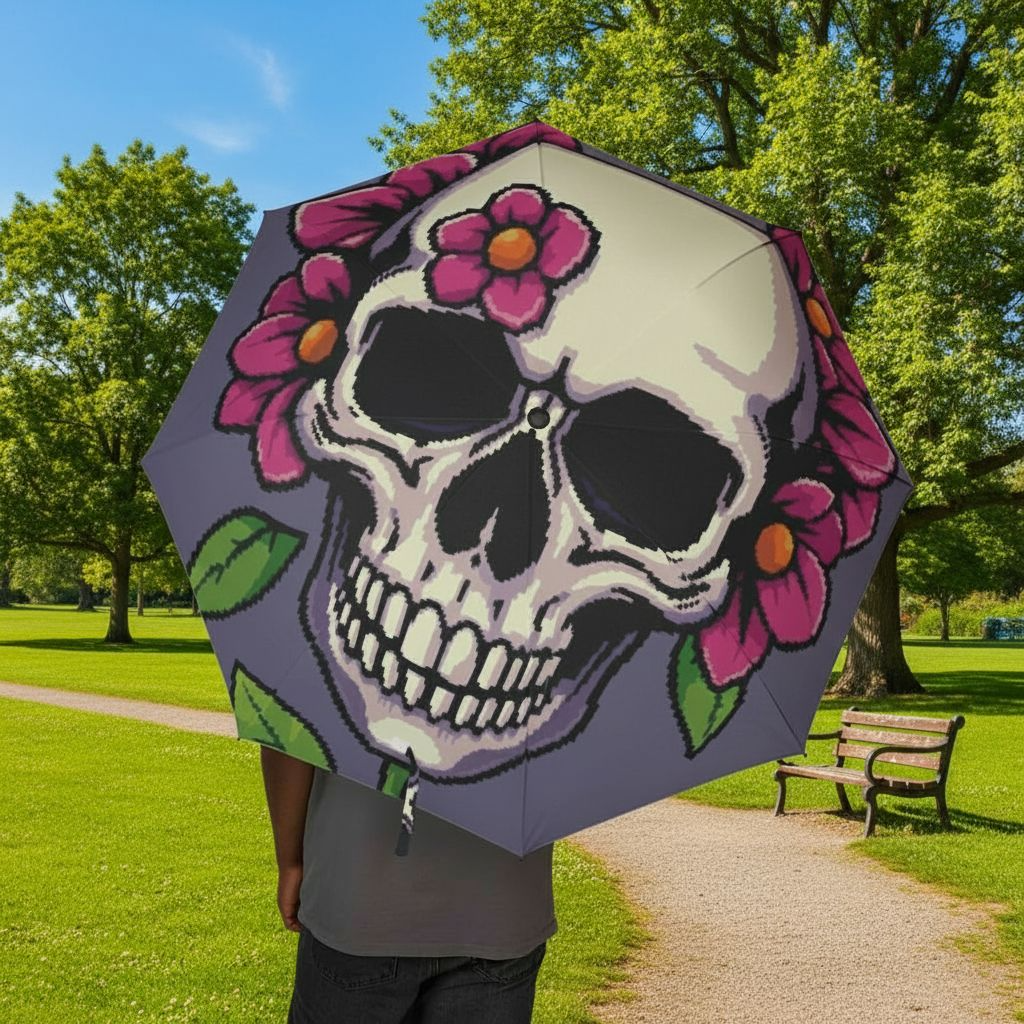 Floral Skull Umbrella | Foldable Goth & Festival Rain Umbrella – Unique Gift for Her