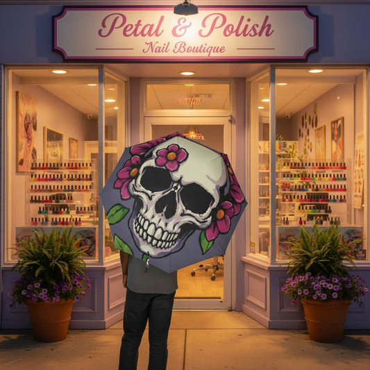 Floral Skull Umbrella | Foldable Goth & Festival Rain Umbrella – Unique Gift for Her