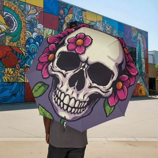 Floral Skull Umbrella | Foldable Goth & Festival Rain Umbrella – Unique Gift for Her