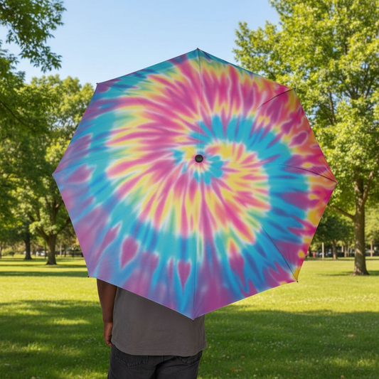 Vibrant Tie-Dye Semi-Automatic Umbrella, Foldable Rain Gear, Beach Accessory, Festival Essential, Unique Gift Idea