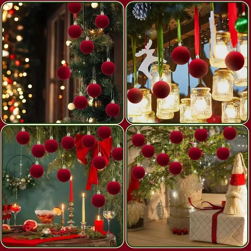 Velvet-Finish Christmas Ball Ornaments | Wine Red & White Holiday Décor