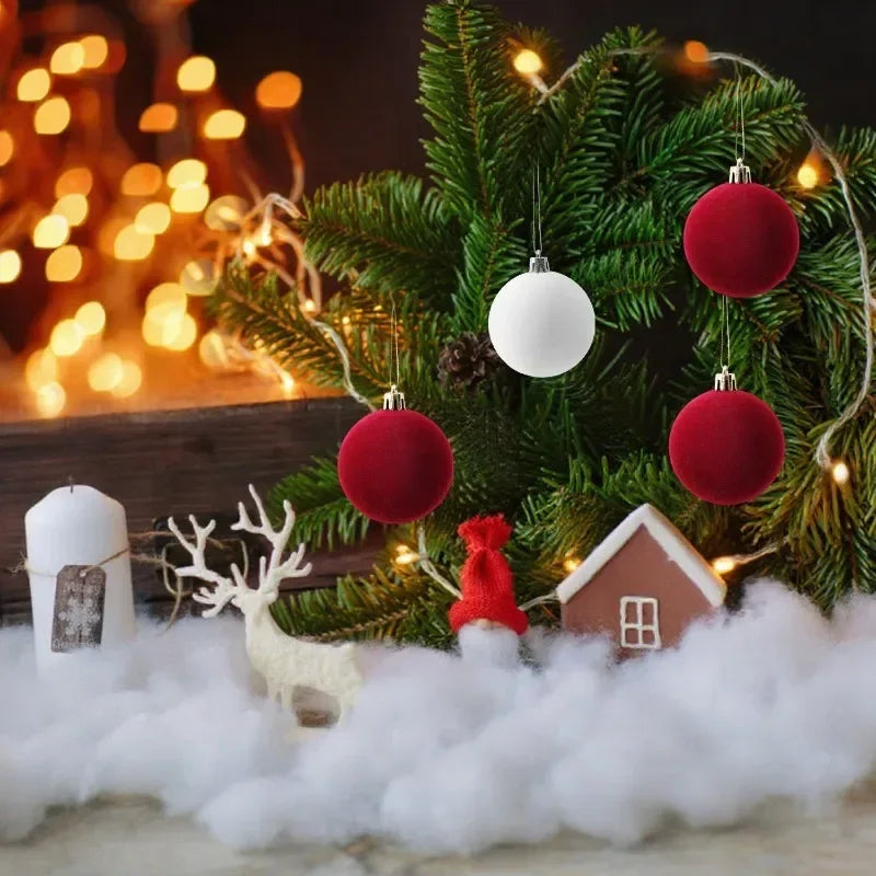 Velvet-Finish Christmas Ball Ornaments | Wine Red & White Holiday Décor