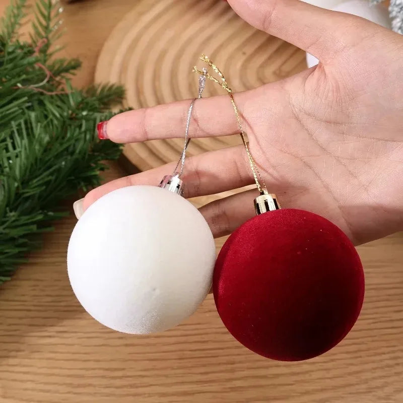 Velvet-Finish Christmas Ball Ornaments | Wine Red & White Holiday Décor