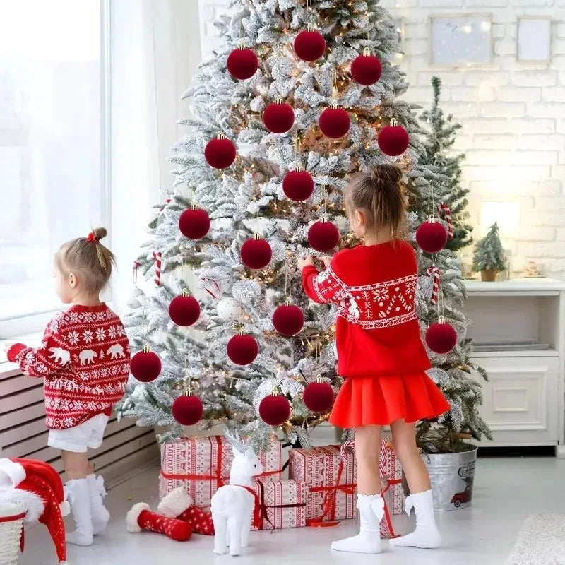 Velvet-Finish Christmas Ball Ornaments | Wine Red & White Holiday Décor