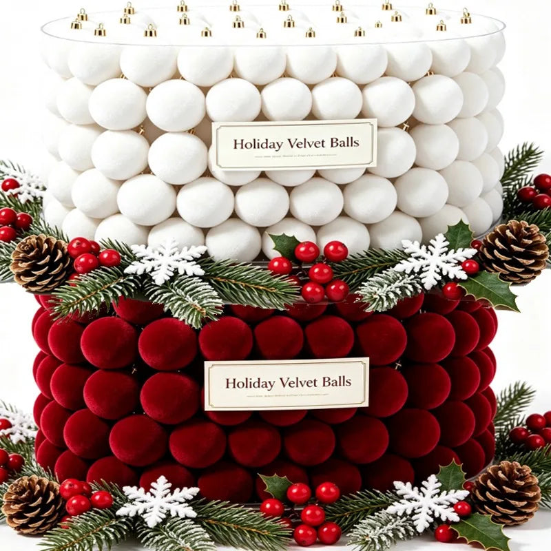 Velvet-Finish Christmas Ball Ornaments | Wine Red & White Holiday Décor