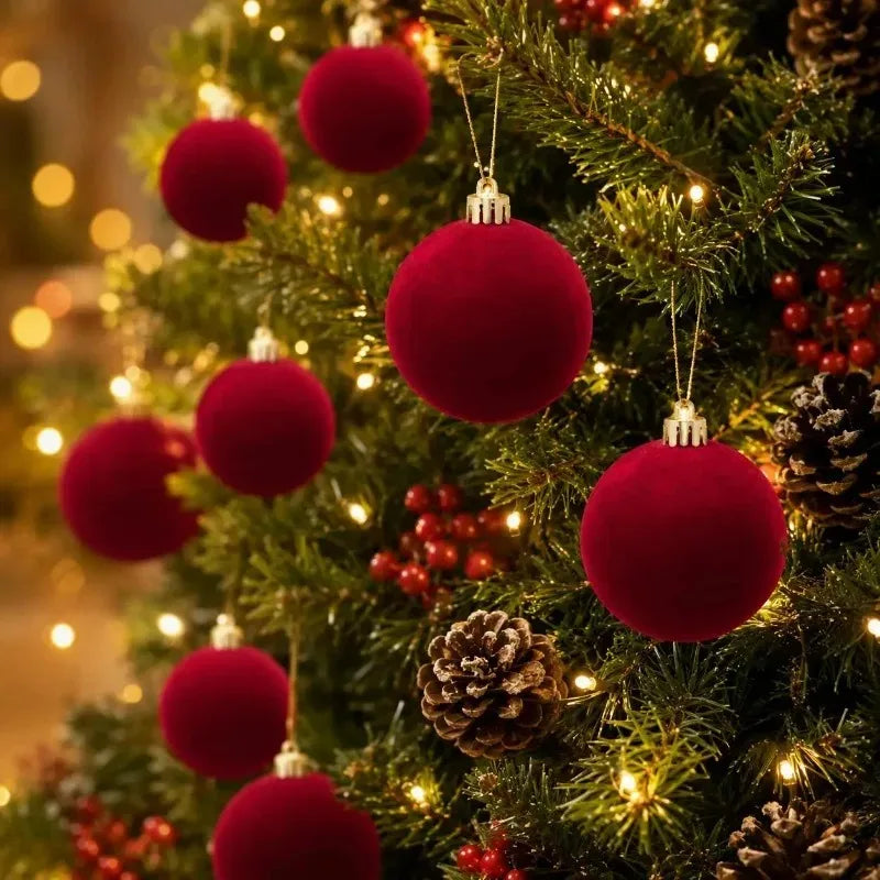 Velvet-Finish Christmas Ball Ornaments | Wine Red & White Holiday Décor