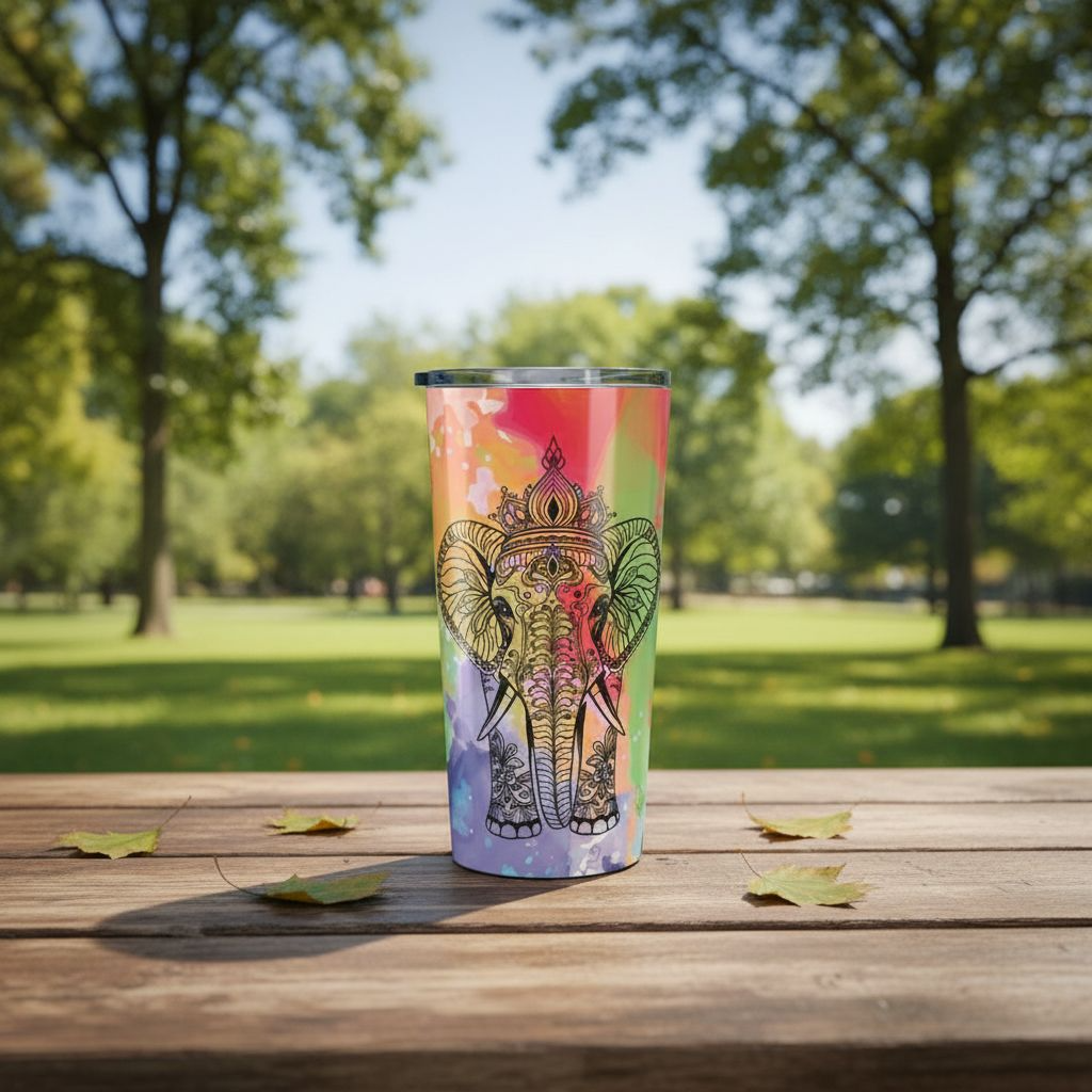 Colorful Elephant Tumbler 20oz — Boho Travel Cup, Vibrant Watercolor Drinkware, Stainless Steel Insulated Mug