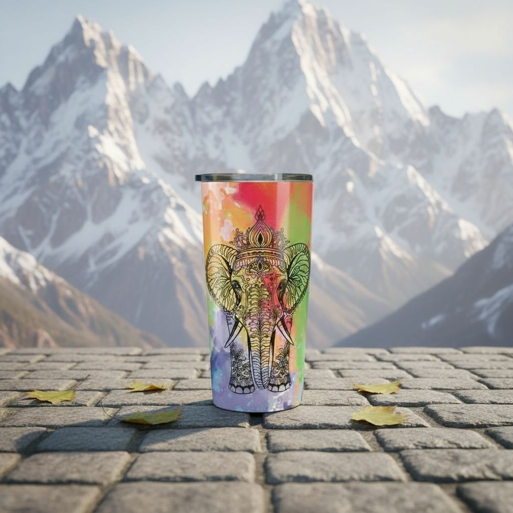 Colorful Elephant Tumbler 20oz — Boho Travel Cup, Vibrant Watercolor Drinkware, Stainless Steel Insulated Mug