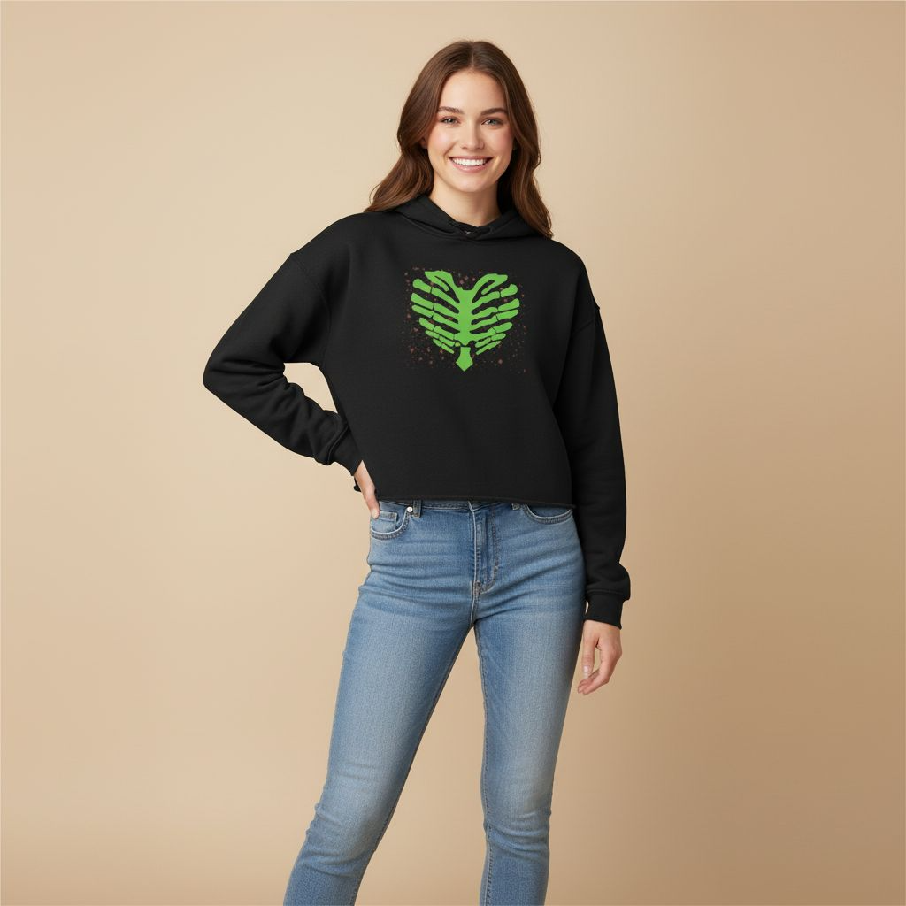 Green Skeleton Heart Cropped Hoodie — Eco-Friendly Women’s Streetwear Sweatshirt for Spring