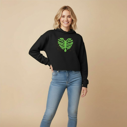 Green Skeleton Heart Cropped Hoodie — Eco-Friendly Women’s Streetwear Sweatshirt for Spring
