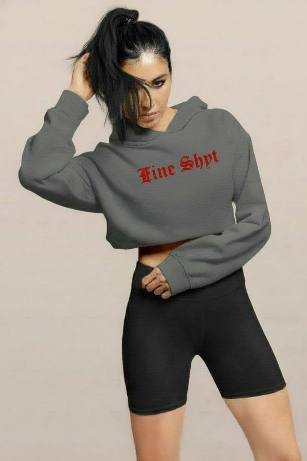 Fine Shyt Cropped Raw Hem Hoodie - Graphic Streetwear Pullover for Women