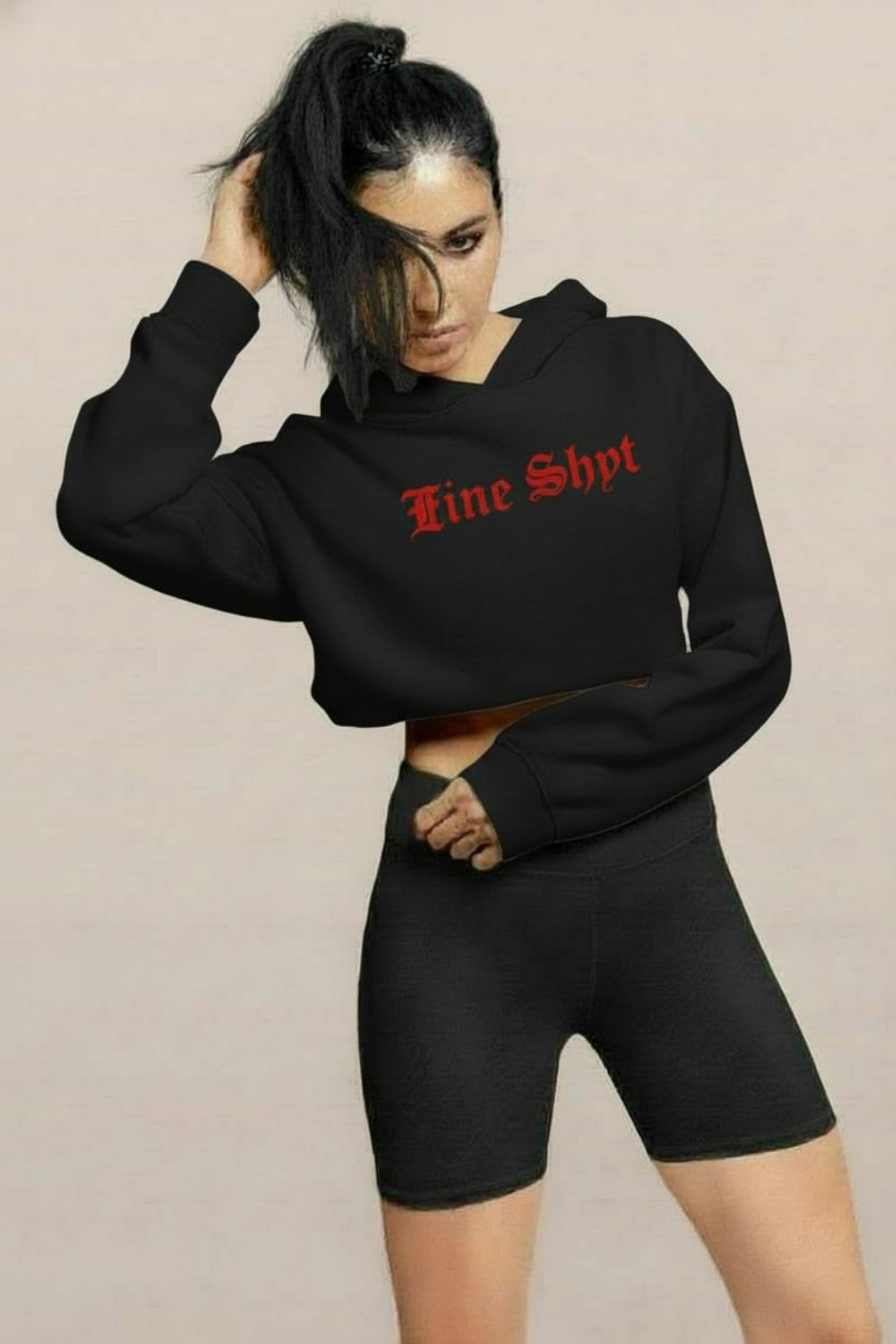 Fine Shyt Cropped Raw Hem Hoodie - Graphic Streetwear Pullover for Women