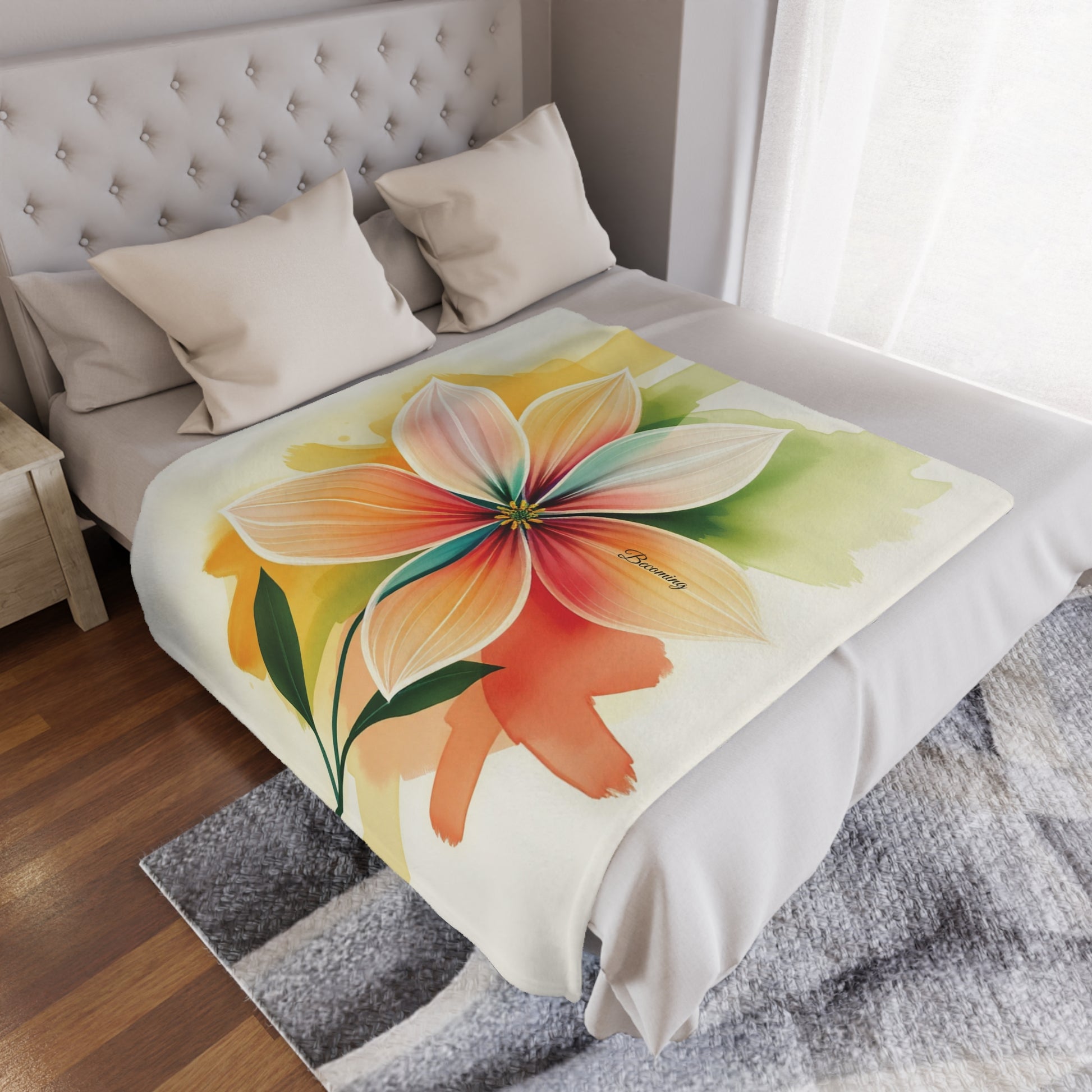 Becoming Floral Minky Blanket, 50x60 inches laid on bed — soft plush floral décor by The Inner Horizon Collective