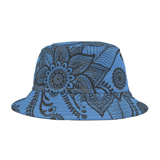 Front of Blue Floral Bucket Hat — bright summer festival hat with floral design for unisex wear