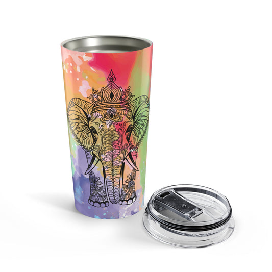Front view of Colorful Elephant 20oz tumbler — artistic boho travel cup, vibrant watercolor design by The Inner Horizon Collective