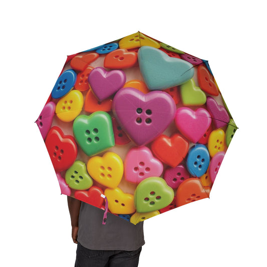 Front view of Colorful Heart Button Umbrella — cute semi-automatic foldable rain gear, gift for her by The Inner Horizon Collective
