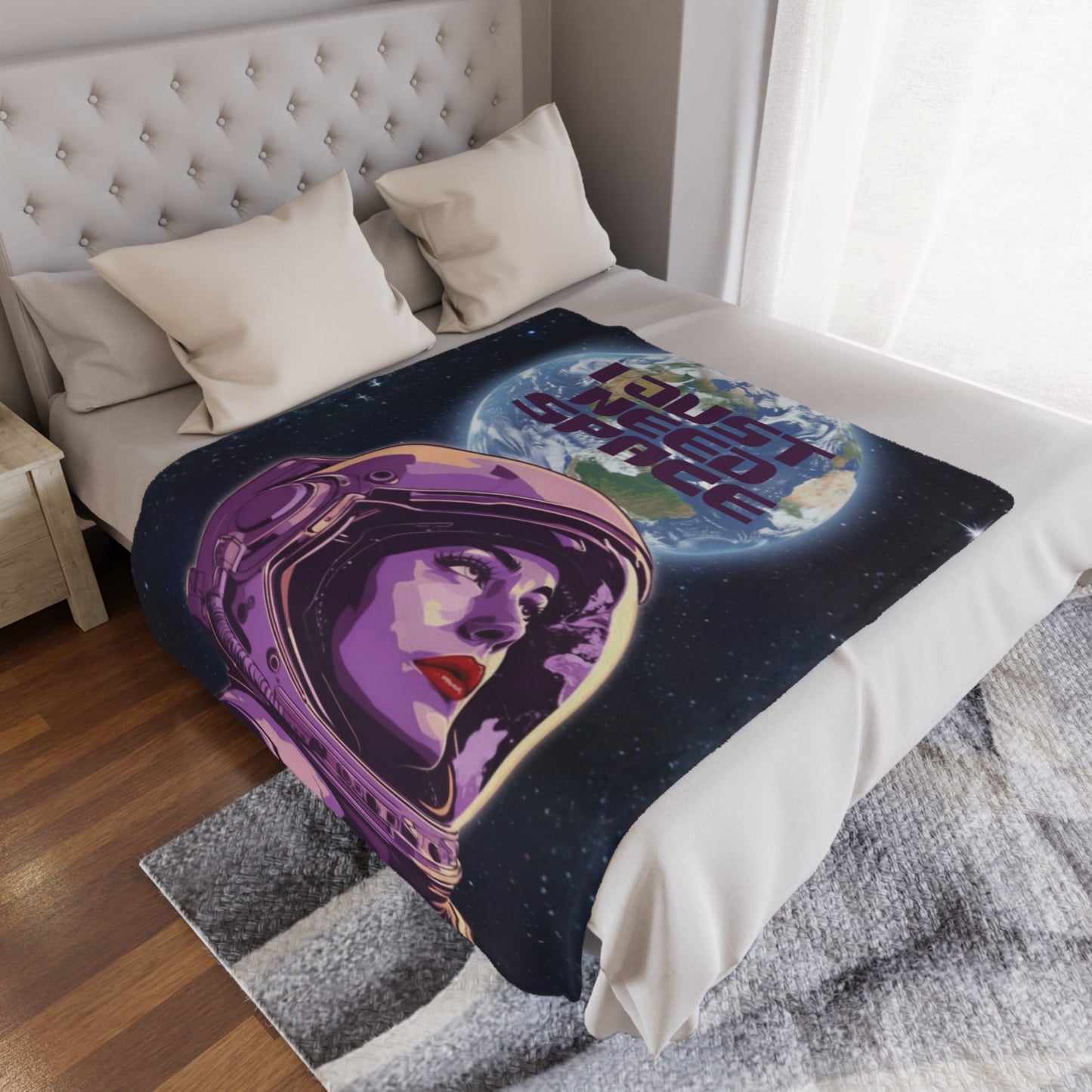 Cosmic Minky Blanket – "I Just Need Space" Design, 50x60 inches laid on bed — soft plush blanket, space-themed décor by The Inner Horizon Collective