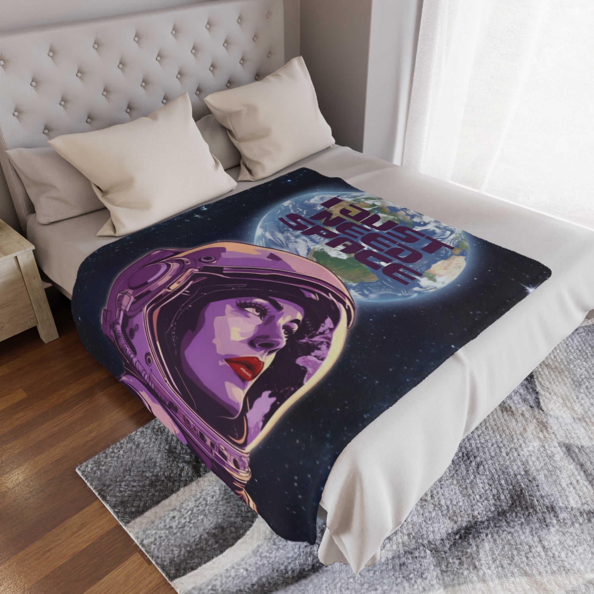 Cosmic Minky Blanket – "I Just Need Space" Design, 50x60 inches laid on bed — soft plush blanket, space-themed décor by The Inner Horizon Collective