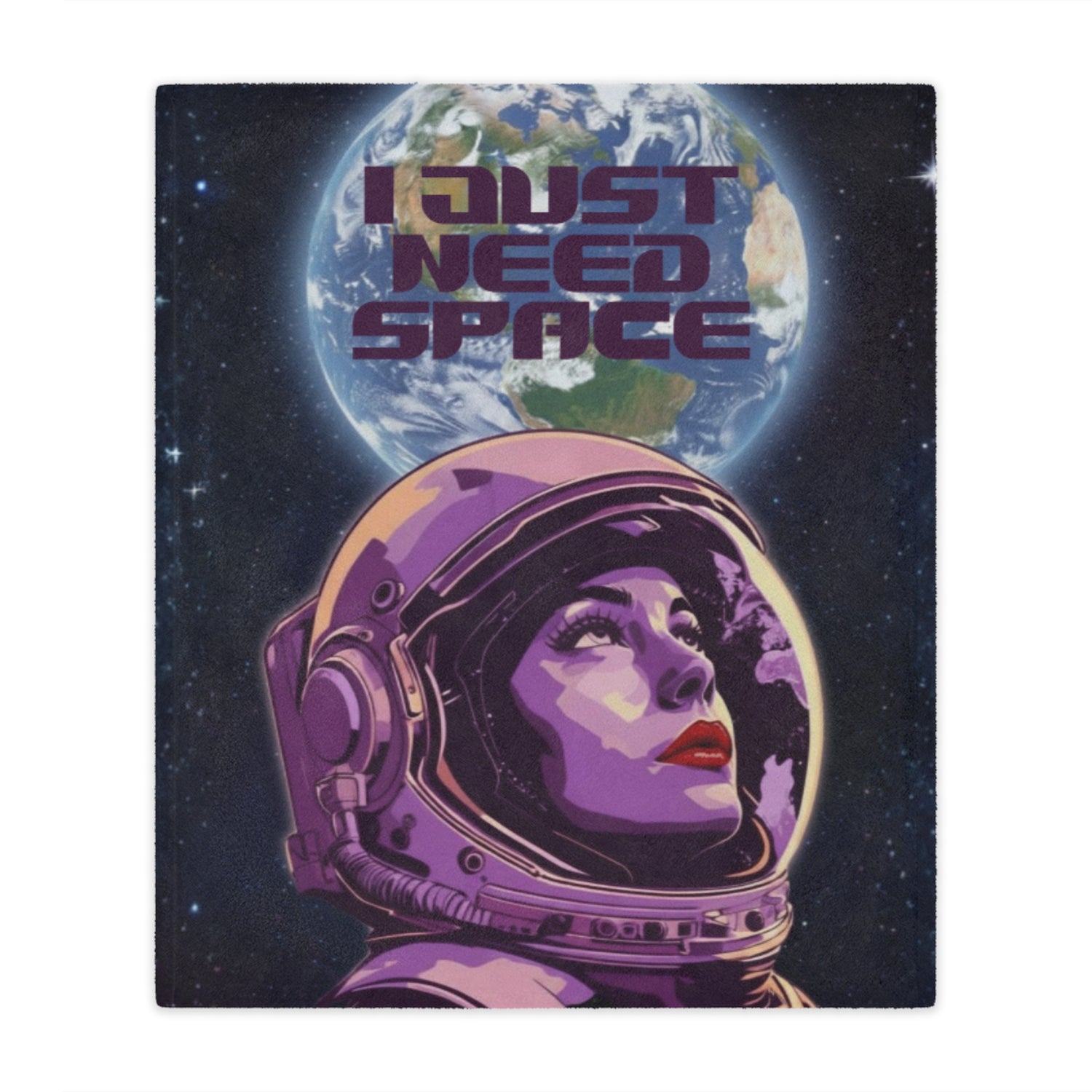 Front view of Cosmic Minky Blanket – "I Just Need Space" Design, 50x60 inches — soft plush blanket, gift for astronaut lovers, cozy throw by The Inner Horizon Collective