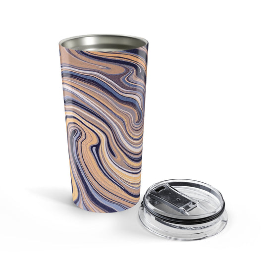 Front view of Cream and Blue Paint Swirl 20oz tumbler — abstract stainless steel travel mug by The Inner Horizon Collective