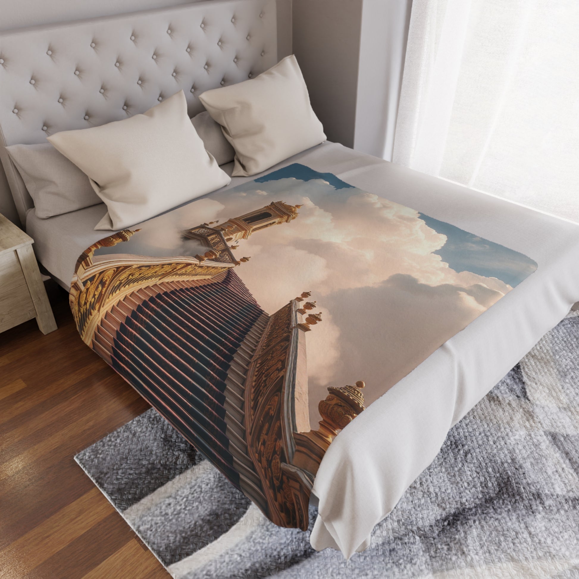 Dreamy Stairway Minky Blanket, 50x60 inches laid on bed — soft plush whimsical décor by The Inner Horizon Collective