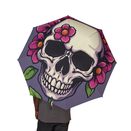 Front view of Floral Skull Umbrella — stylish foldable rain gear for goths, festivals, and outdoor events by The Inner Horizon Collective