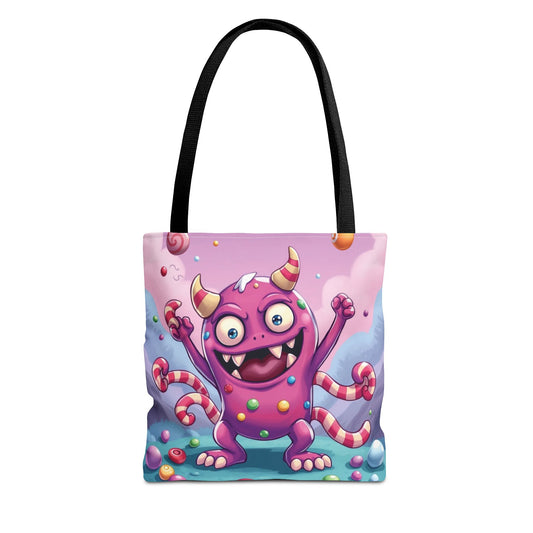 Front view of Fun Monster Tote Bag — whimsical kids canvas tote with Halloween candy and cartoon design by The Inner Horizon Collective