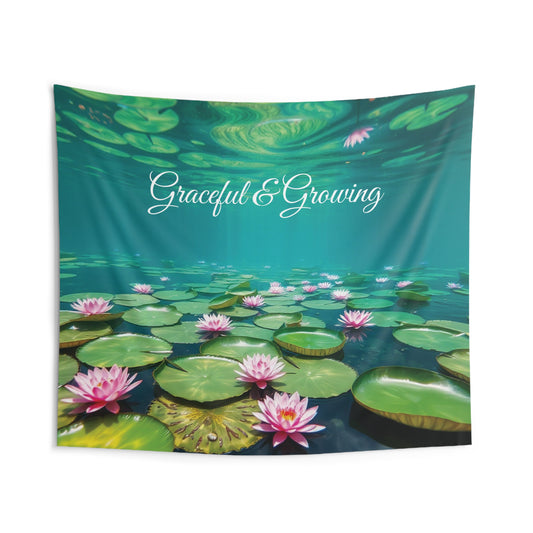 Front view of Graceful & Growing Water Lily Wall Tapestry — 104"x88" zen living room and yoga studio decor by The Inner Horizon Collective