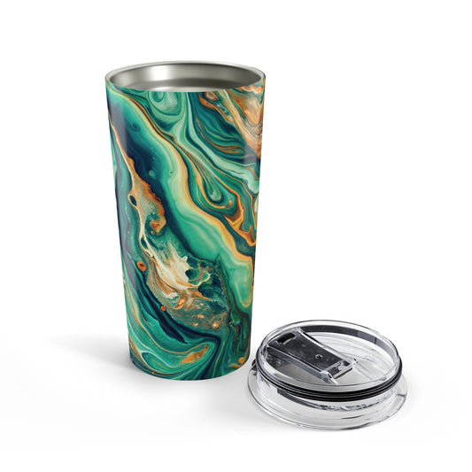 Front view of Green Paint Swirl 20oz tumbler — abstract stainless steel travel mug by The Inner Horizon Collective
