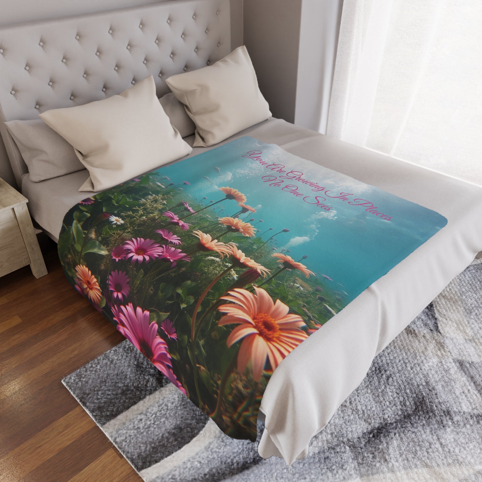 Growing In Places No One Sees Minky Blanket, 50x60 inches laid on bed — soft plush inspirational décor by The Inner Horizon Collective