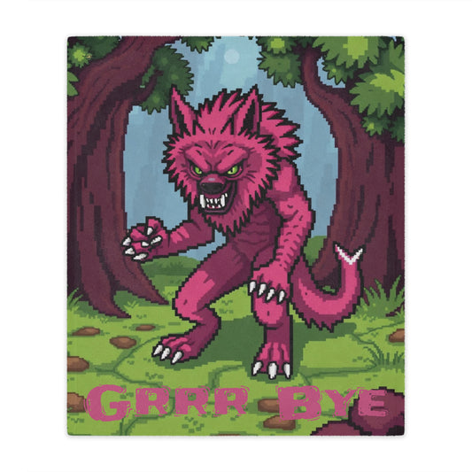 Front view of “Grrr Bye” Pink Werewolf Minky Blanket, 50x60 inches — soft plush Halloween blanket, cute décor, cozy throw by The Inner Horizon Collective