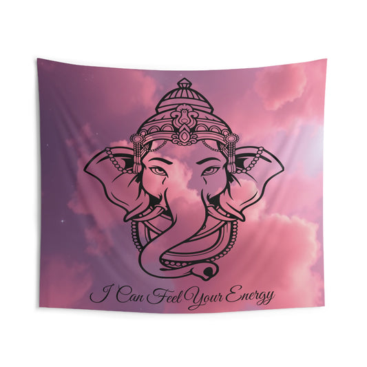 Front view of I Can Feel Your Energy Elephant Wall Tapestry — 104"x88" serene boho home decor by The Inner Horizon Collective