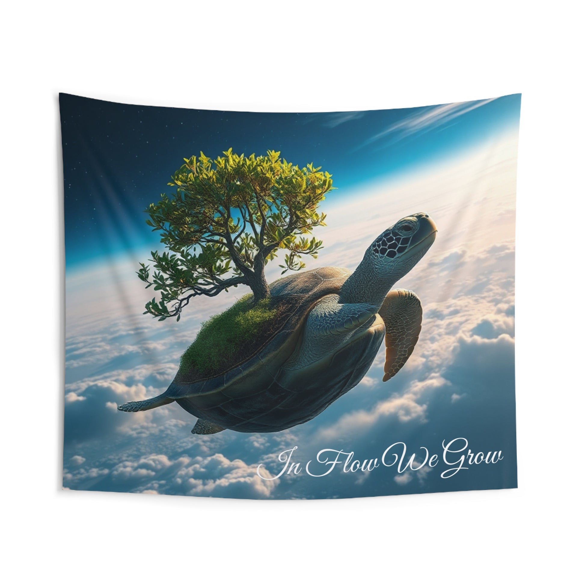 Front view of In Flow We Grow Turtle Wall Tapestry — 104"x88" zen-inspired home decor by The Inner Horizon Collective
